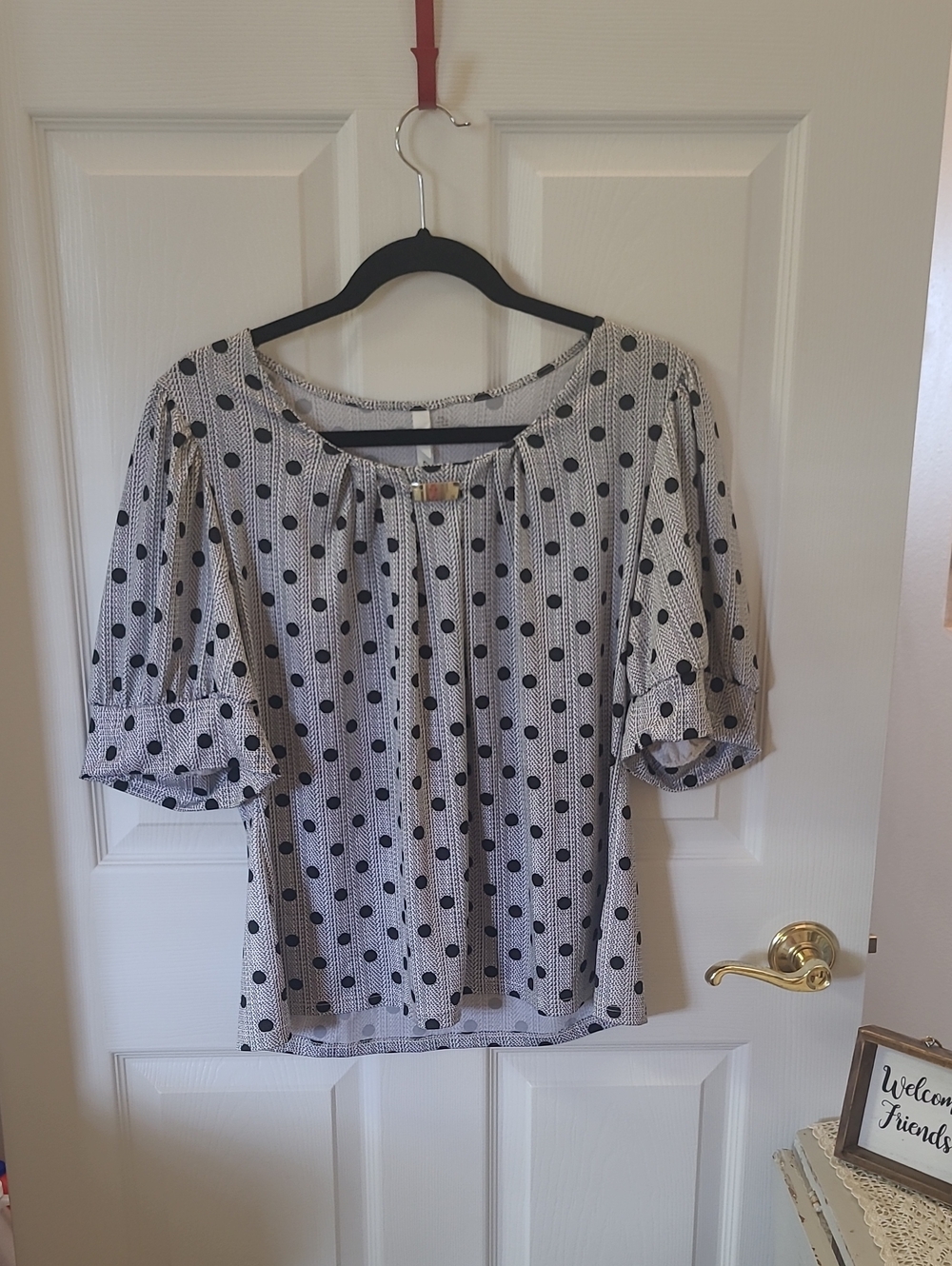 NY Collection Black and White Polka Dot Peasant Blouse Bin 5